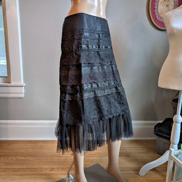 Vintage 90s Y2K Express Midi Skirt Black Lace Tiered Fairycore Whimsygoth 3 - Picture 6 of 11